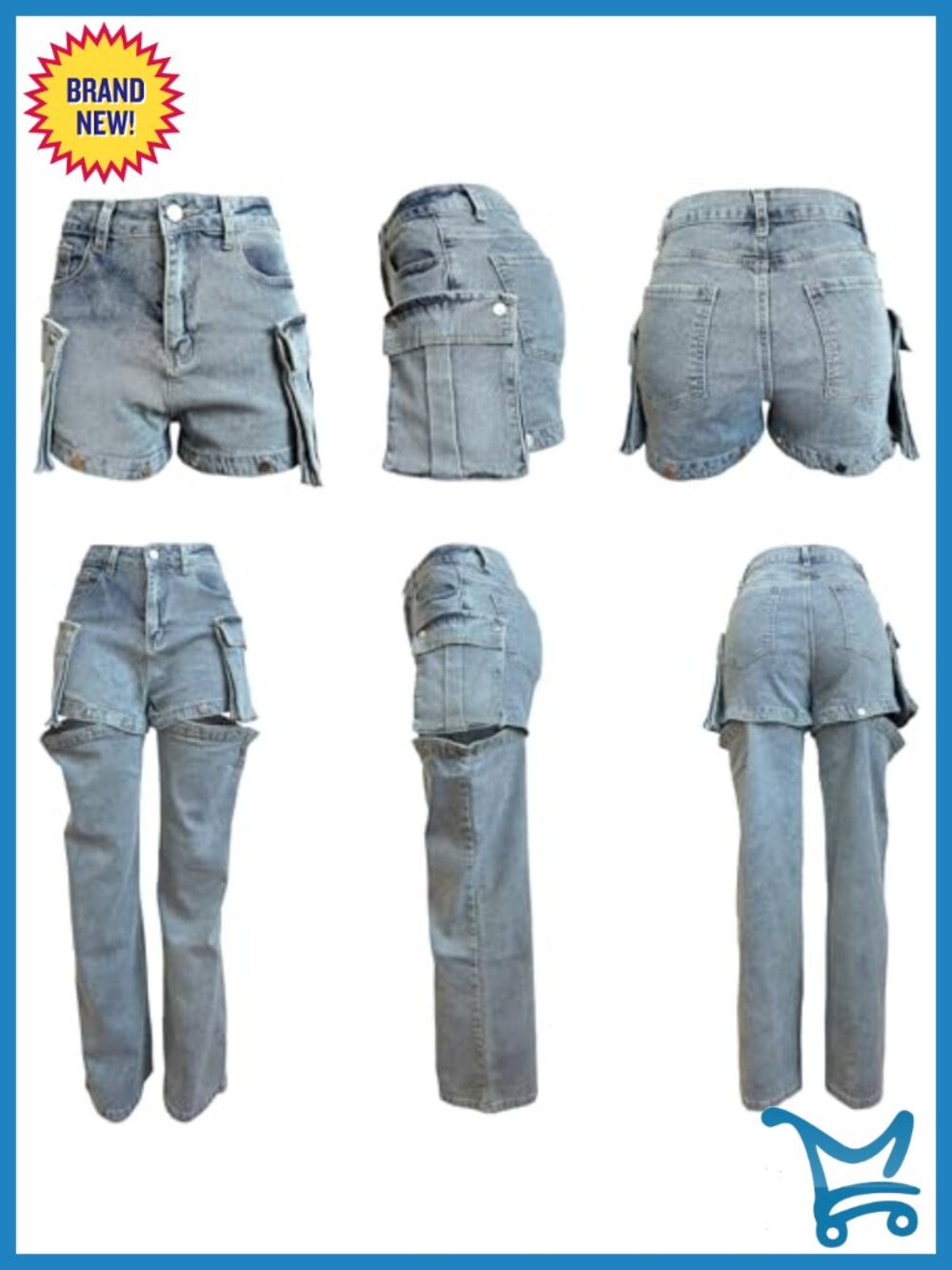 Detachable Cargo Jeans Y2K High Waisted Baggy Cutout Summer Shorts Streetwear - Picture 5 of 6